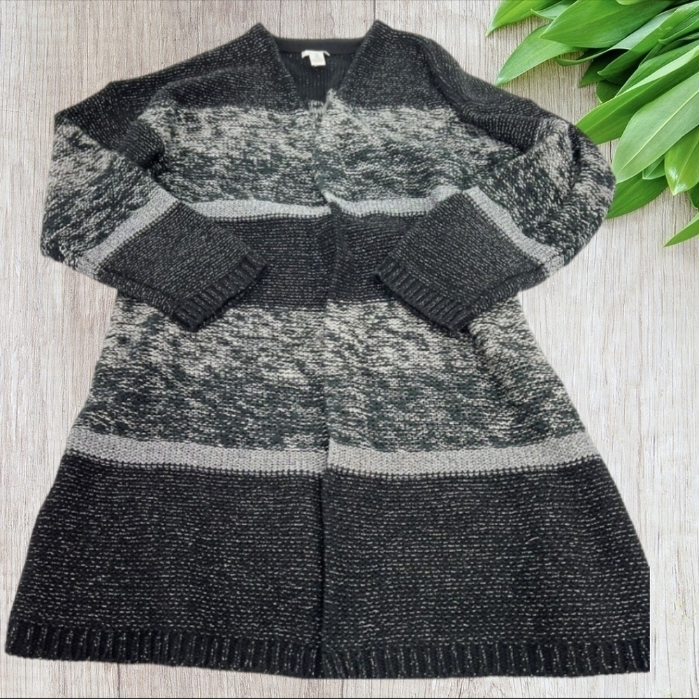 CHICO’S Glam Open Front Cardigan Sweater Womens Sz 1/Small Black Metallic Silver